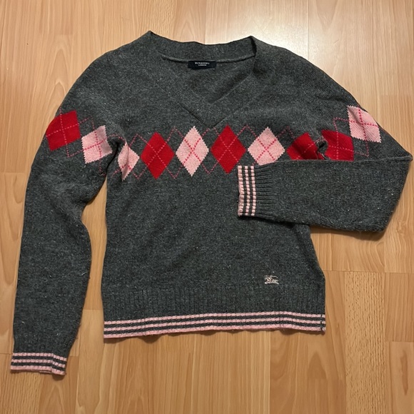 Burberry London Grey sweater with Red/pink argyle pattern - Picture 2 of 5
